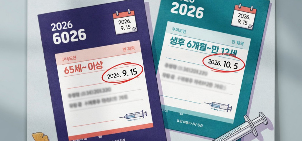 어린이·임산부는 9월 21일, 어르신은 연령별로 10월 6일부터 시작하는 2026년 독감 무료접종 일정을 한눈에 보여주는 달력 이미지
